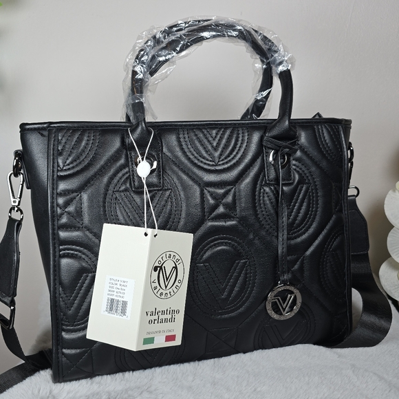 Valentino Orlandi Women's Quilted Black Vegan Leather Satchel Handbag New - Picture 16 of 16